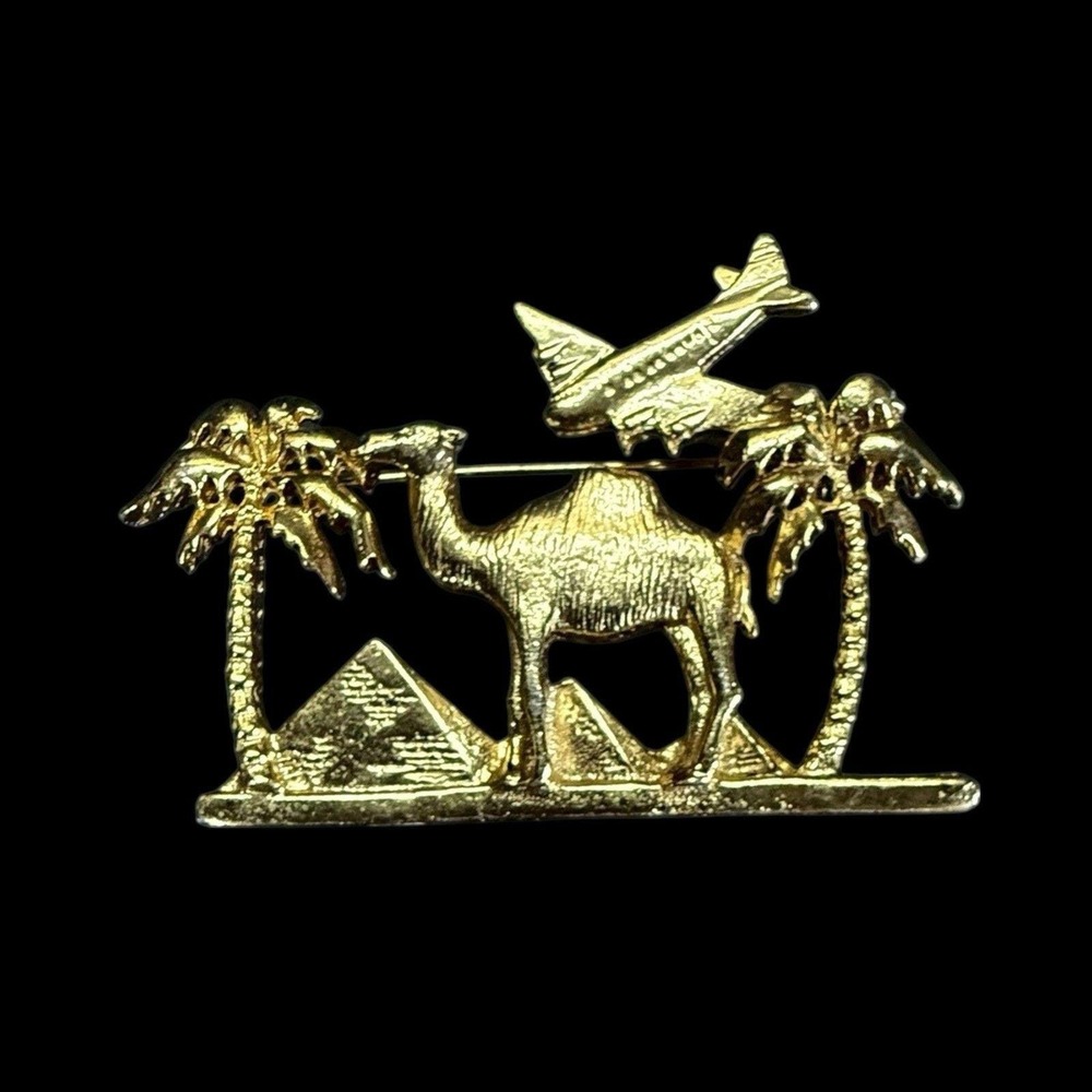 Vintage JJ Jonette Camel & Palm Tree Brooch – Desert Scene Pin
